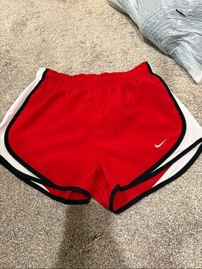 Nike Red Women's Athletic Shorts with White Swoosh